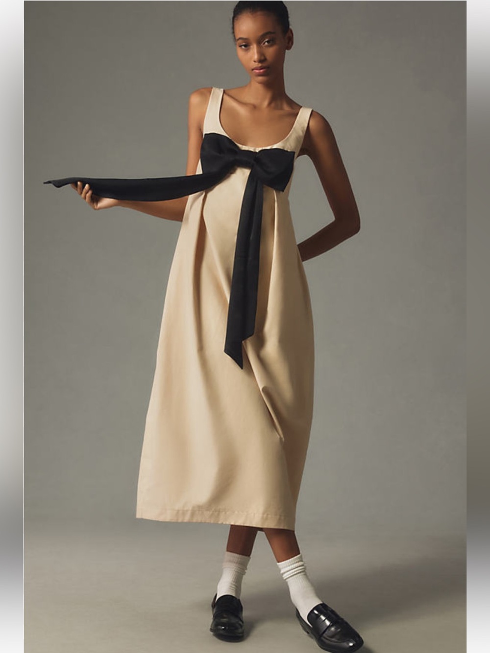 NWT retail $198 size S #Anthropologie Elegant Cream Midi Dress with Black Bow